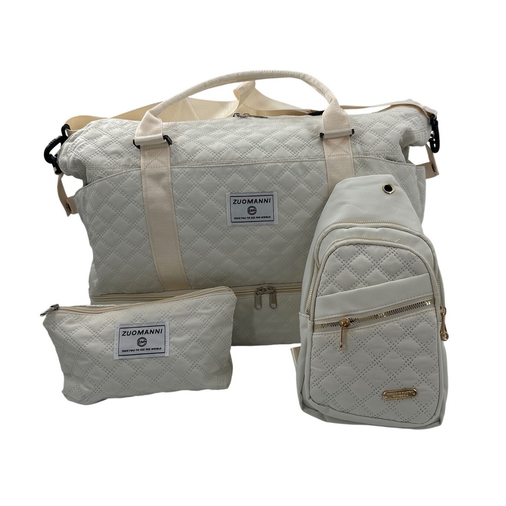 ZUOMANNI 3pc Quilted Travel Set Duffel Bag‎ Sling Backpack Pouch Cream White